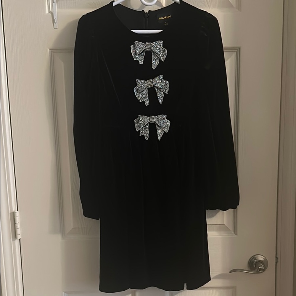 Sugarlips Black Velvet Long Sleeve Dress with Silver Bow Embellishments